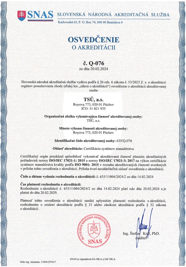ISO 9001 akreditacia SNAS 2024