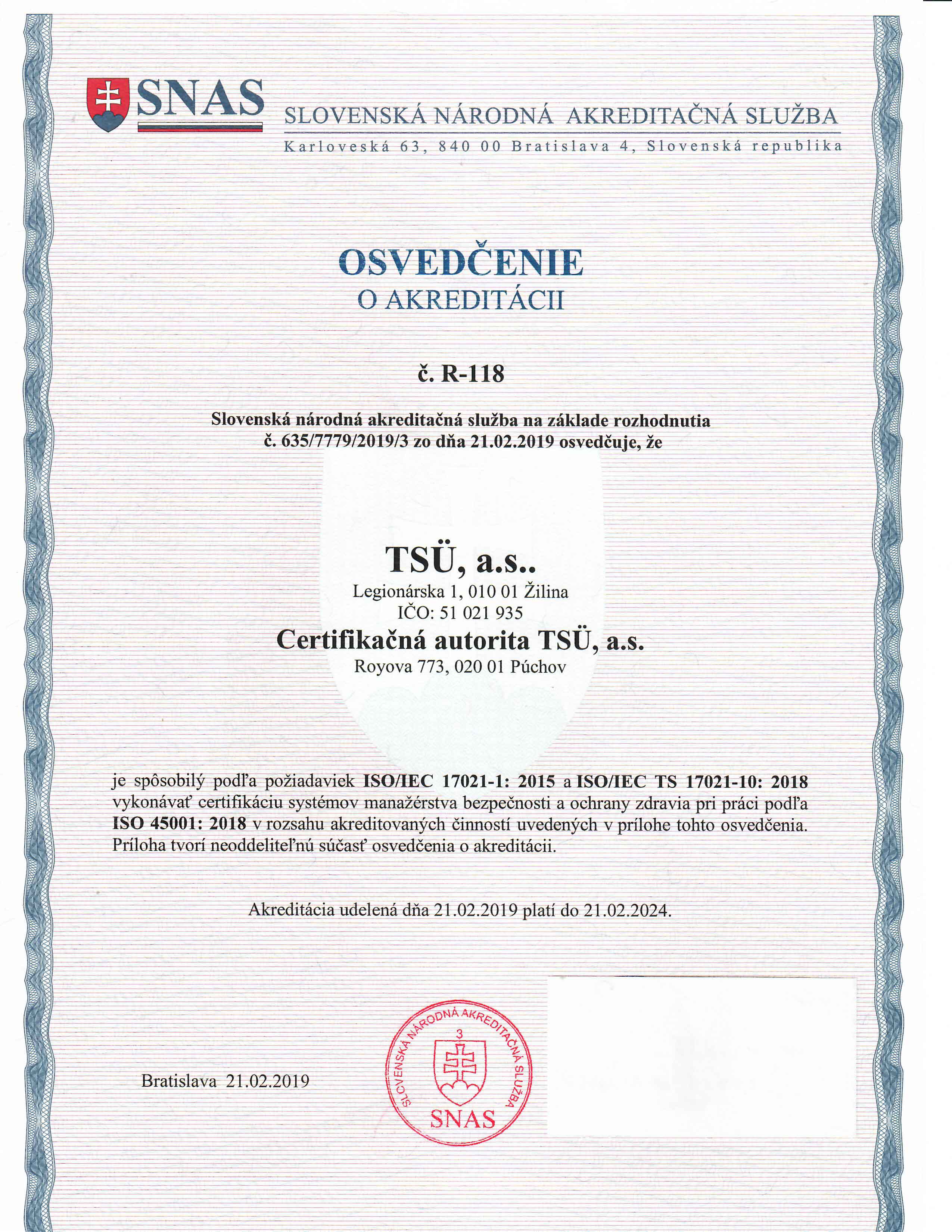 ISO 45001 R 118 Osvedčenie